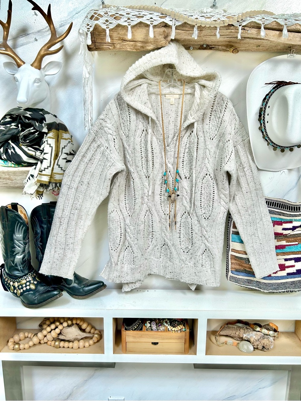 Anthropologie CUPIO cable knit boho hooded sweater w cottagecore cabin vibe
